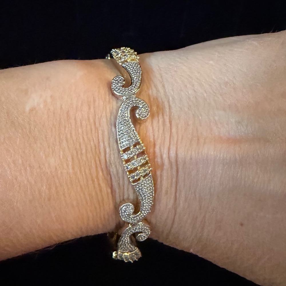 Two Tone Rhinestone Scroll Filigree Bracelet Ornate Statement Glam Vintage Style
